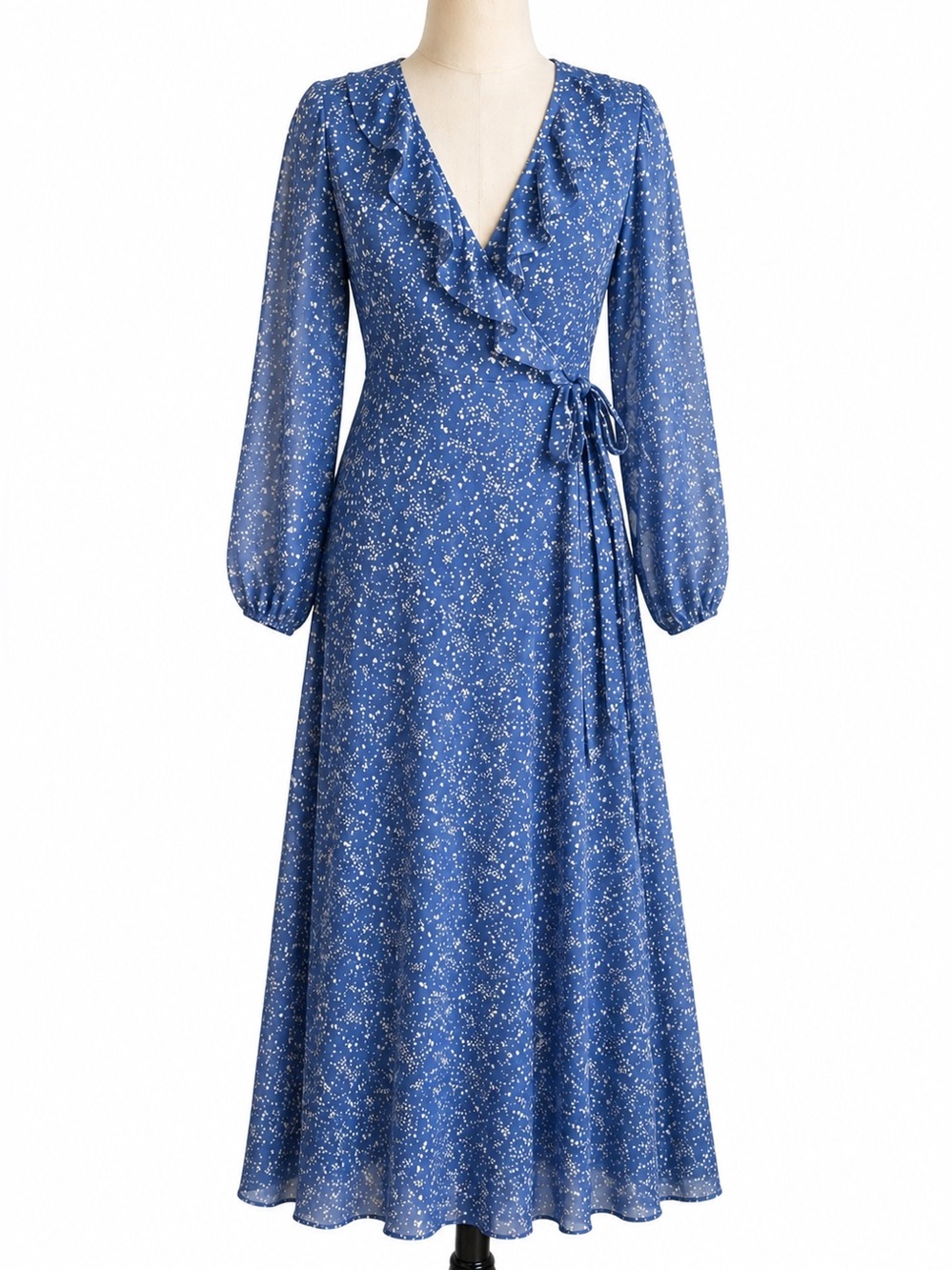 Rokoko Blue Floral Wrap Midi Dress Long Sleeve Ruffle Boho Cottagecore‎ Small